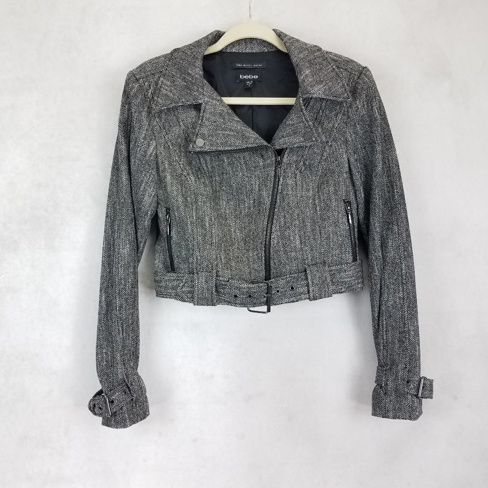 Bebe 4 Moto Blazer Jacket Cropped Wool Herringbone Belted Buckle Biker Fall